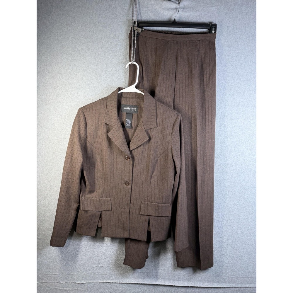 Sag Harbor Pant Suit Womens 8 Brown Pinstripe Jacket Pants Office Career